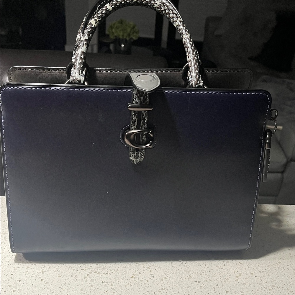 Coach Navy and Black Satchel with Patterned Snakeskin Handles